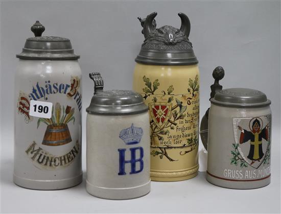 Four German pewter lidded stoneware steins, early 20th century